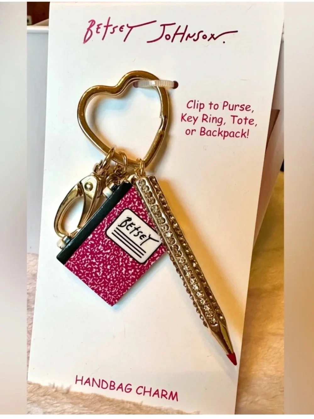 Betsey Johnson Gold Notebook & Pen Key Charm 🆕